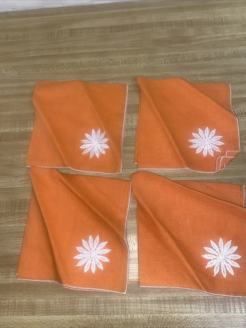 Set Of Four Vintage Orange Cocktail Napkins Linen White Flower Appliqué